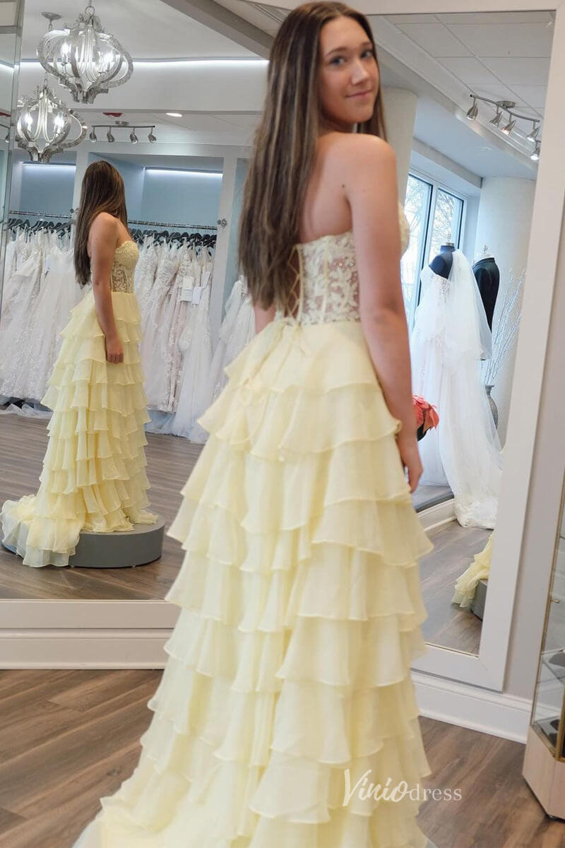 Tiered Chiffon Ruffle Prom Dresses with Slit FD3697 - Viniodressprom dressesStraplessYellow - Formal Dresses - Ball Gowns