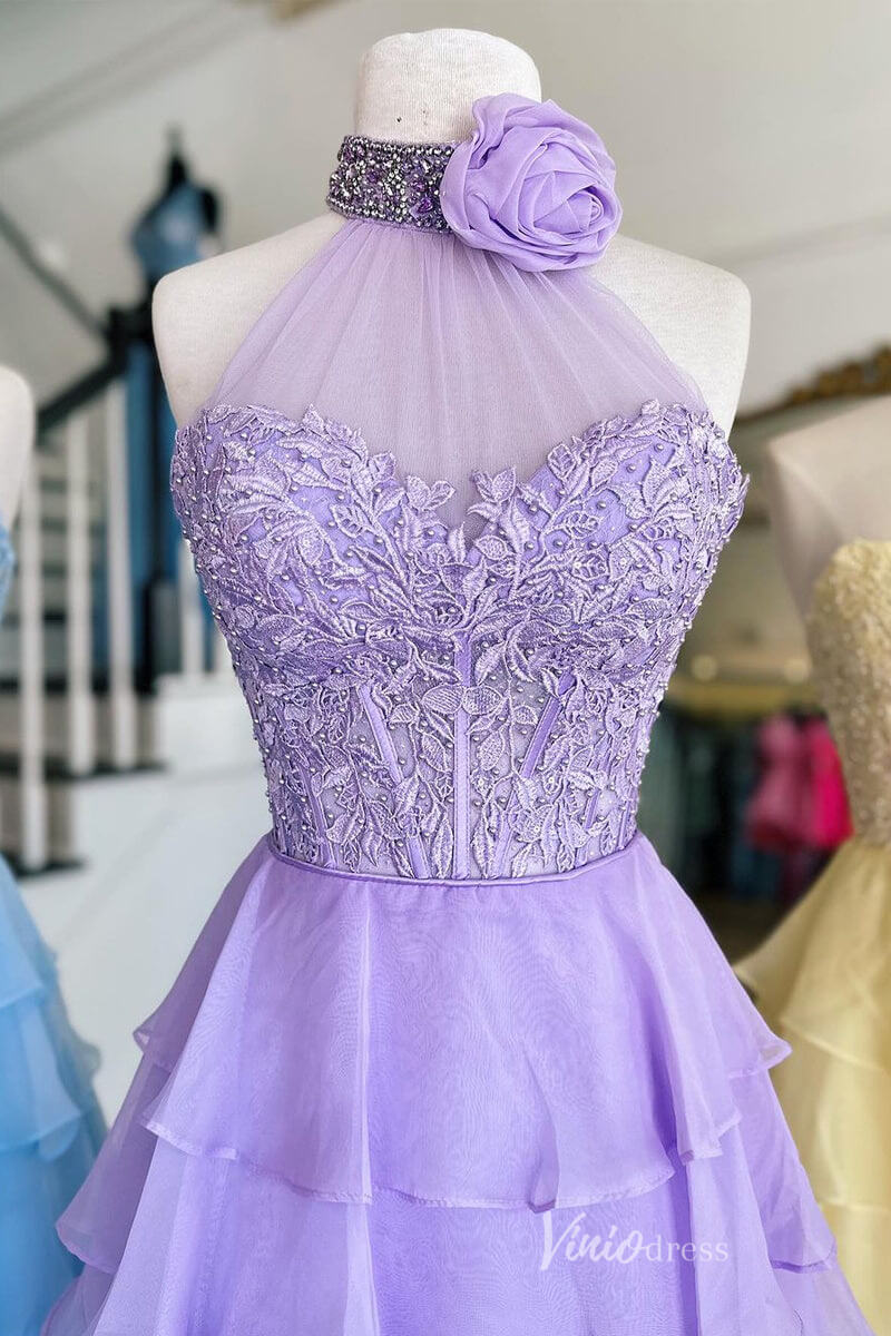 Tiered Chiffon Ruffle Prom Dresses with Slit FD3697-prom dresses 2025 -Viniodress-Strapless-Lavender-Custom Size