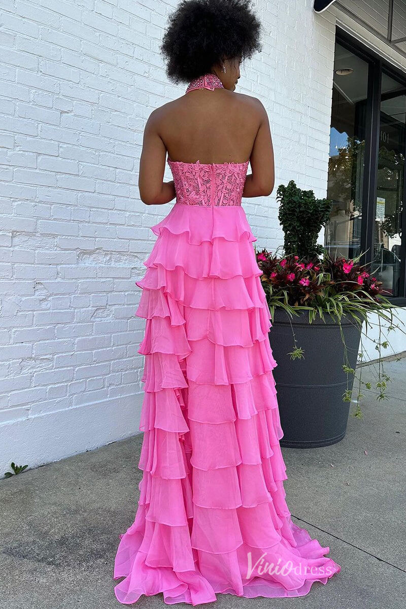 Tiered Chiffon Ruffle Prom Dresses with Slit FD3697-prom dresses 2025 -Viniodress-Strapless-Lavender-Custom Size