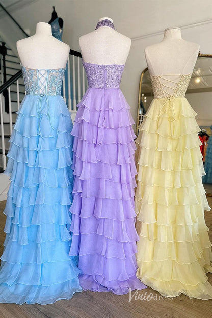 Tiered Chiffon Ruffle Prom Dresses with Slit FD3697-prom dresses 2025 -Viniodress-Strapless-Lavender-Custom Size