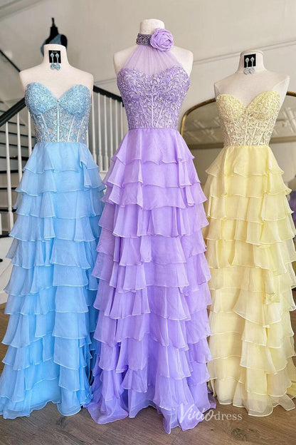 Tiered Chiffon Ruffle Prom Dresses with Slit FD3697-prom dresses 2025 -Viniodress-Strapless-Lavender-Custom Size