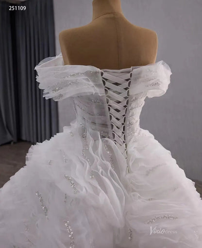 Tiered Ruffle Ball Gown Wedding Dress | Off-the-Shoulder Luxury Bridal Gown with Corset Back 251109-wedding dresses 2025 -Viniodress-Ivory-Custom Size-