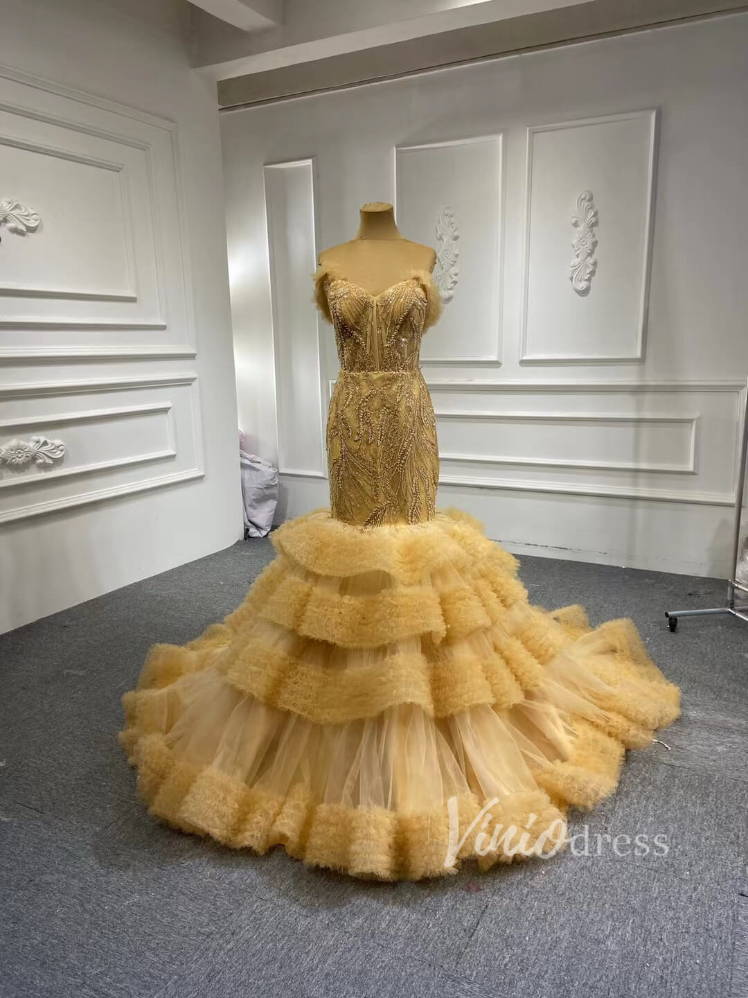 Tiered Ruffle Beaded Mermaid Wedding Dresses 67347-wedding dresses 2025 -Viniodress-Gold-Custom Size-
