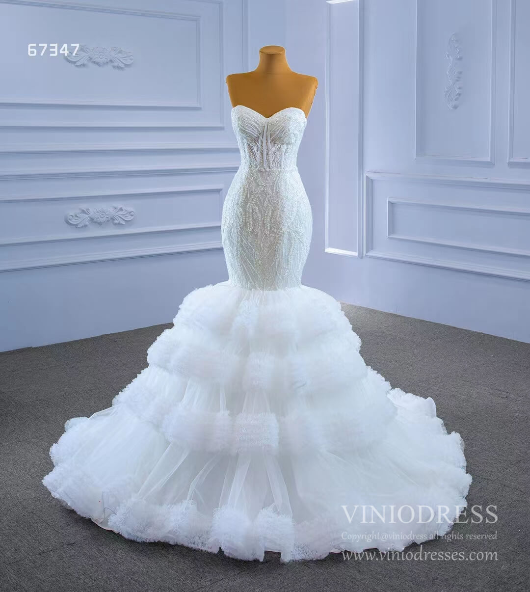 Tiered Ruffle Beaded Mermaid Wedding Dresses 67347-wedding dresses 2025 -Viniodress-Ivory-Custom Size-