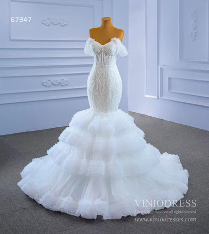 Tiered Ruffle Beaded Mermaid Wedding Dresses 67347-wedding dresses 2025 -Viniodress-Ivory-Custom Size-