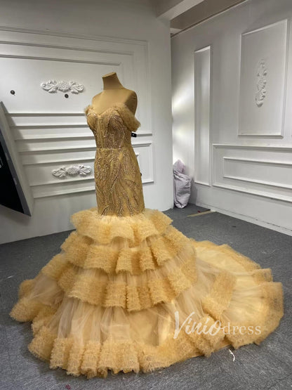 Tiered Ruffle Beaded Mermaid Wedding Dresses 67347-wedding dresses 2025 -Viniodress-Ivory-Custom Size-