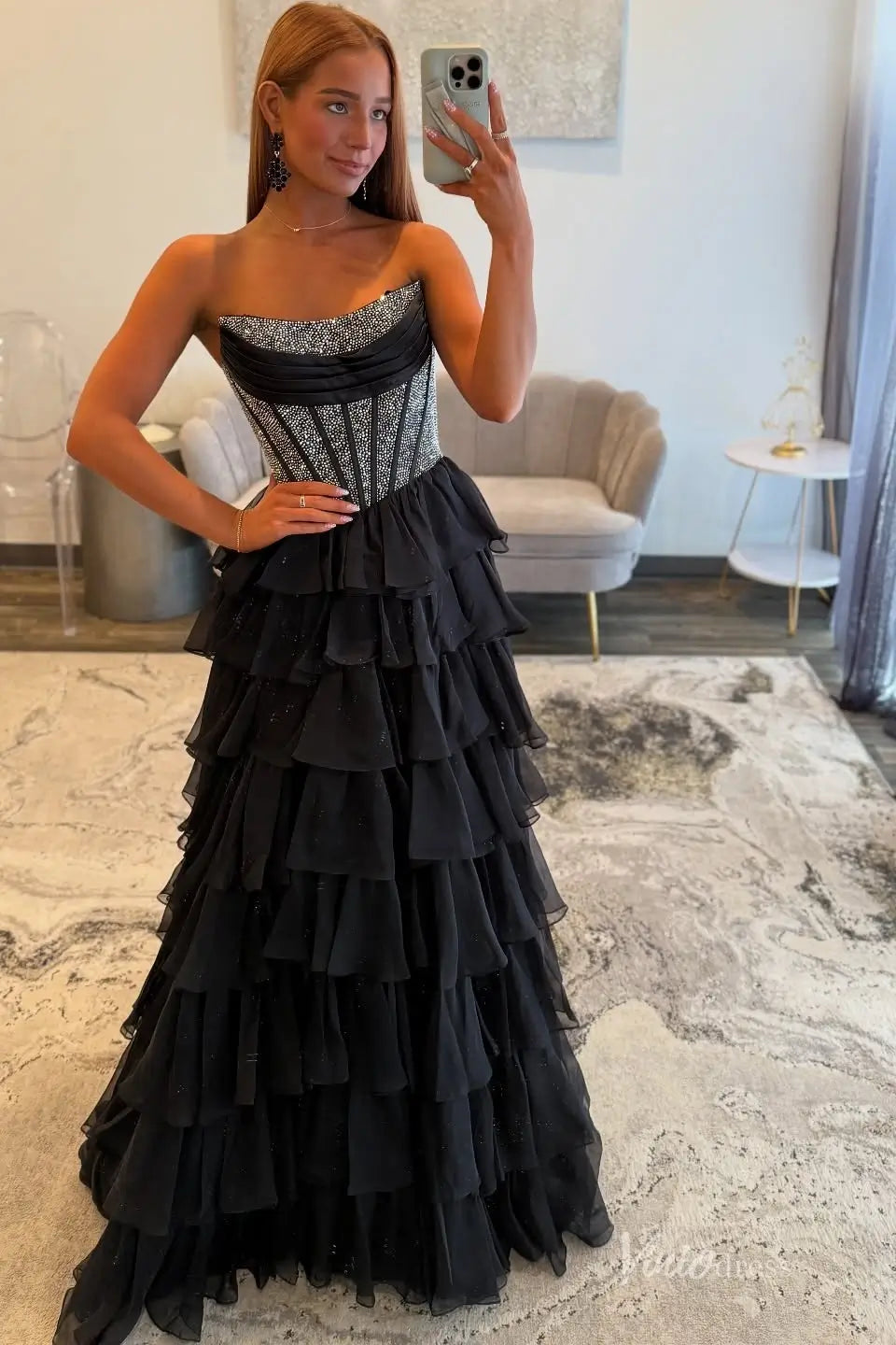 Tiered Ruffle Corset Prom Dress with High Slit  RF319  Viniodress