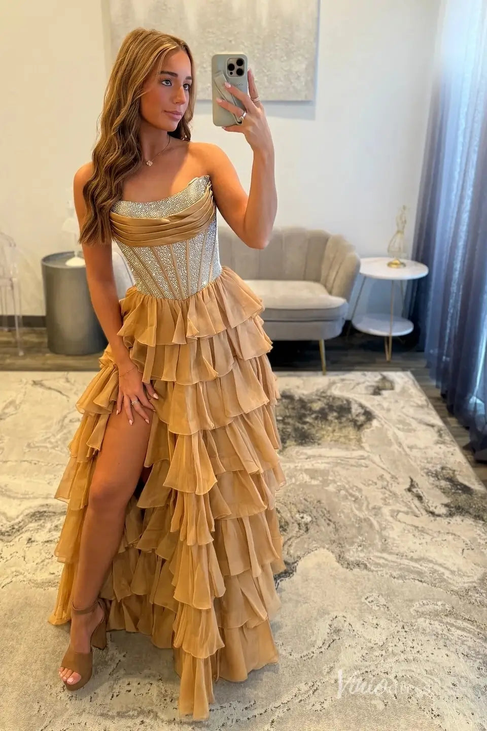 Tiered Ruffle Corset Prom Dress with High Slit RF319 Viniodress Tiered Ruffle Corset Prom Dress with High Slit RF319 Viniodress