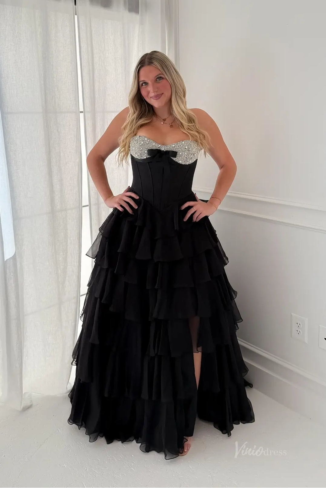 Tiered Ruffle Prom Dress with Rhinestone Sweetheart Neckline, Corset Bodice & High Slit – RF300-prom dresses 2026-Viniodress-Black-Custom Size – Add Measurements in Cart-