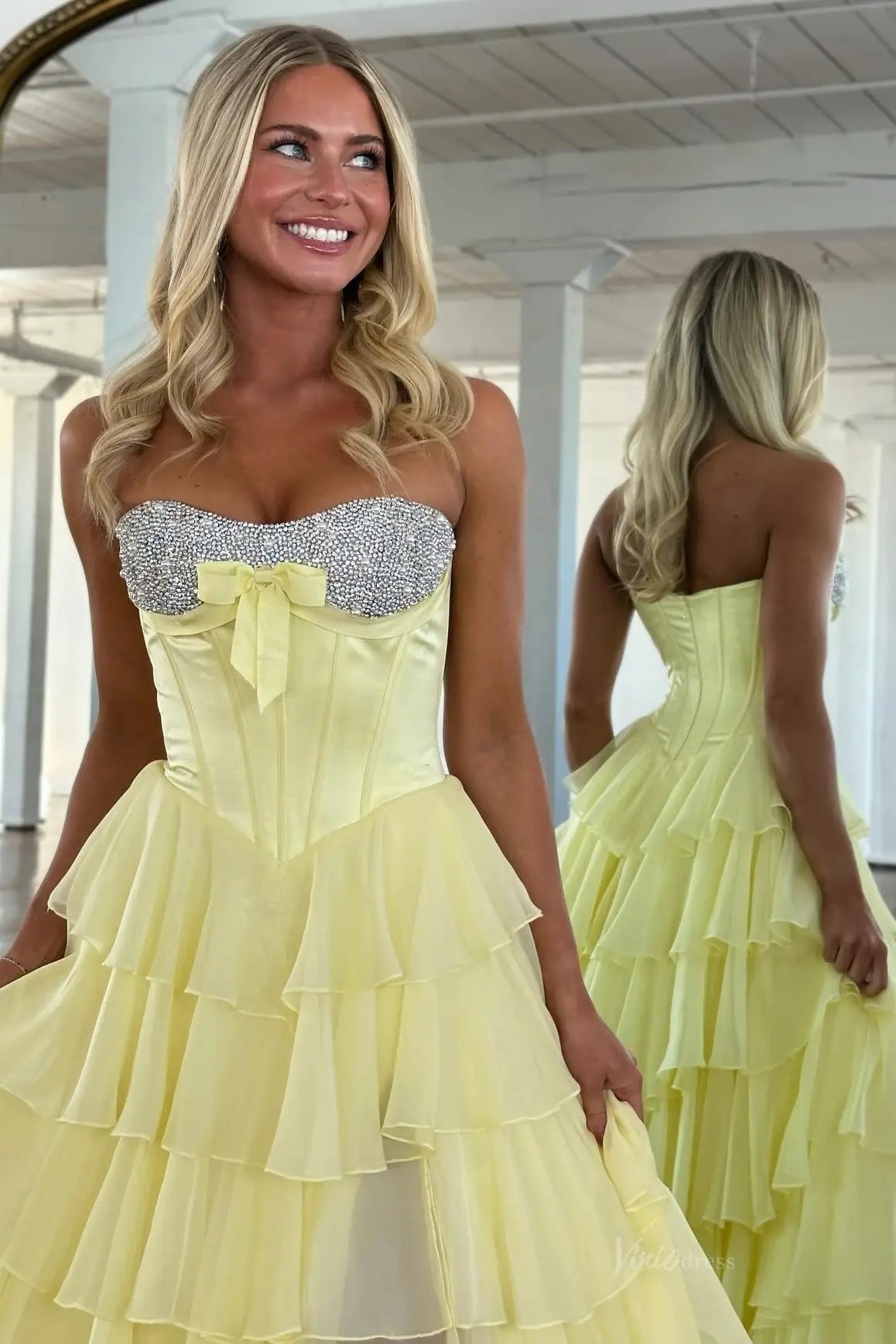 Tiered Ruffle Prom Dress with Rhinestone Sweetheart Neckline, Corset Bodice & High Slit – RF300-prom dresses 2026-Viniodress-Light Blue-Custom Size – Add Measurements in Cart-