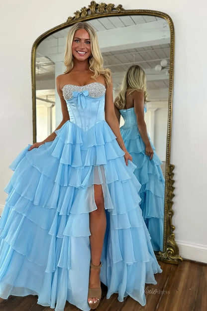 Tiered Ruffle Prom Dress with Rhinestone Sweetheart Neckline, Corset Bodice & High Slit – RF300-prom dresses 2026-Viniodress-Light Blue-Custom Size – Add Measurements in Cart-