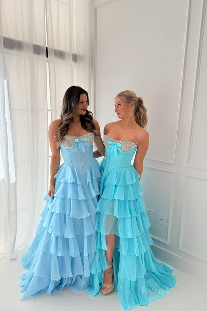 Tiered Ruffle Prom Dress with Rhinestone Sweetheart Neckline, Corset Bodice & High Slit – RF300-prom dresses 2026-Viniodress-Light Blue-Custom Size – Add Measurements in Cart-
