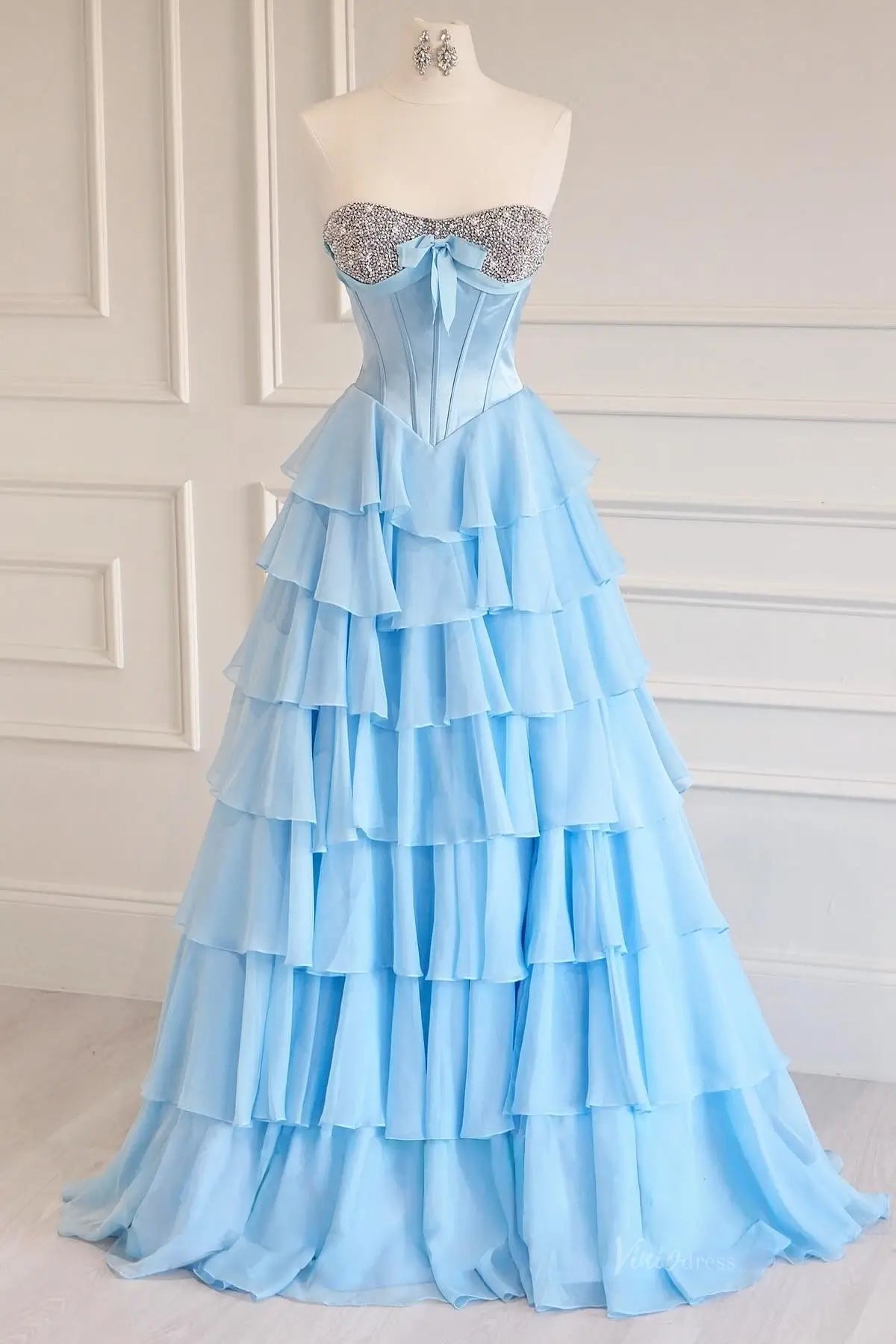 Tiered Ruffle Prom Dress with Rhinestone Sweetheart Neckline, Corset Bodice & High Slit – RF300-prom dresses 2026-Viniodress-Light Blue-Custom Size – Add Measurements in Cart-