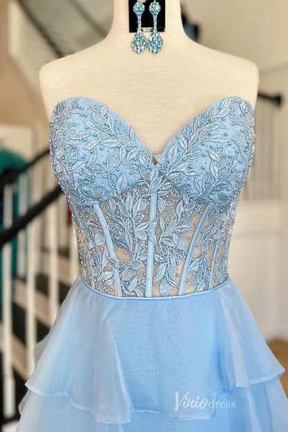 Tiered Chiffon Ruffle Prom Dresses with Slit FD3697-prom dresses 2025 -Viniodress-Strapless-Light Blue-Custom Size