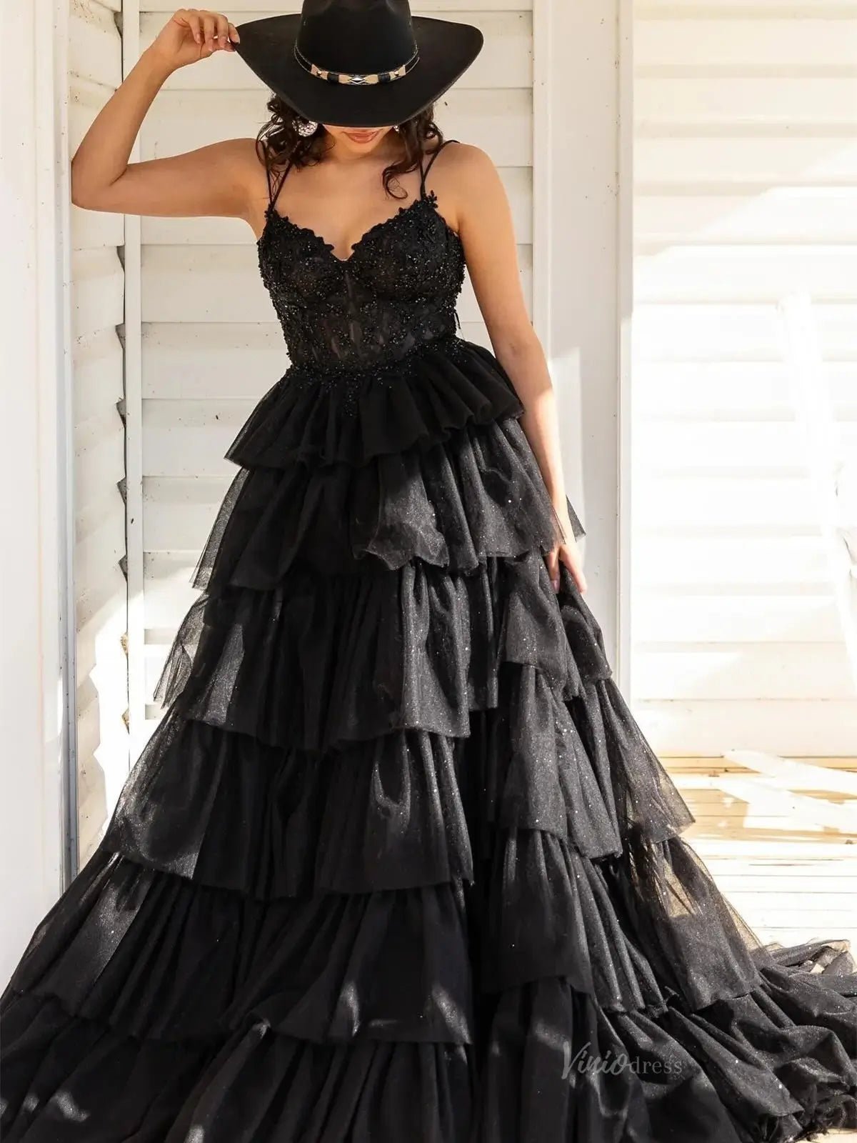 Tiered Ruffle Prom Dresses Lace Bodice Spaghetti Strap Formal Dresses FD4036-prom dresses 2025 -Viniodress-Black-Custom Size-
