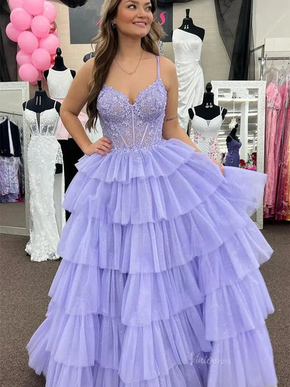 Tiered Ruffle Prom Dresses Lace Bodice Spaghetti Strap Formal Dresses FD4036-prom dresses 2025 -Viniodress-Lavender-Custom Size-