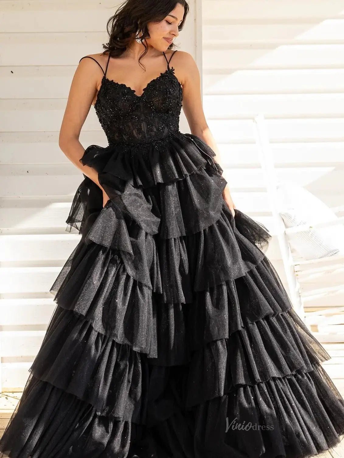 Tiered Ruffle Prom Dresses Lace Bodice Spaghetti Strap Formal Dresses FD4036-prom dresses 2025 -Viniodress-Lavender-Custom Size-