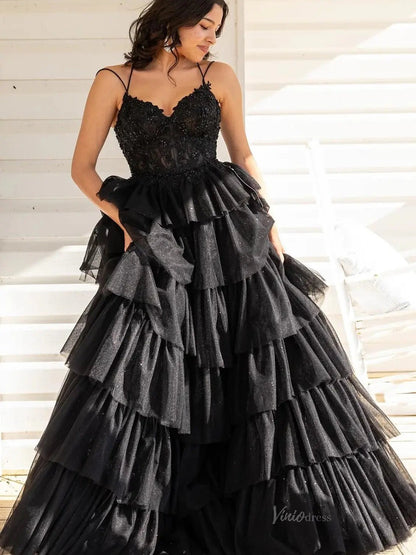 Tiered Ruffle Prom Dresses Lace Bodice Spaghetti Strap Formal Dresses FD4036-prom dresses 2025 -Viniodress-Lavender-Custom Size-