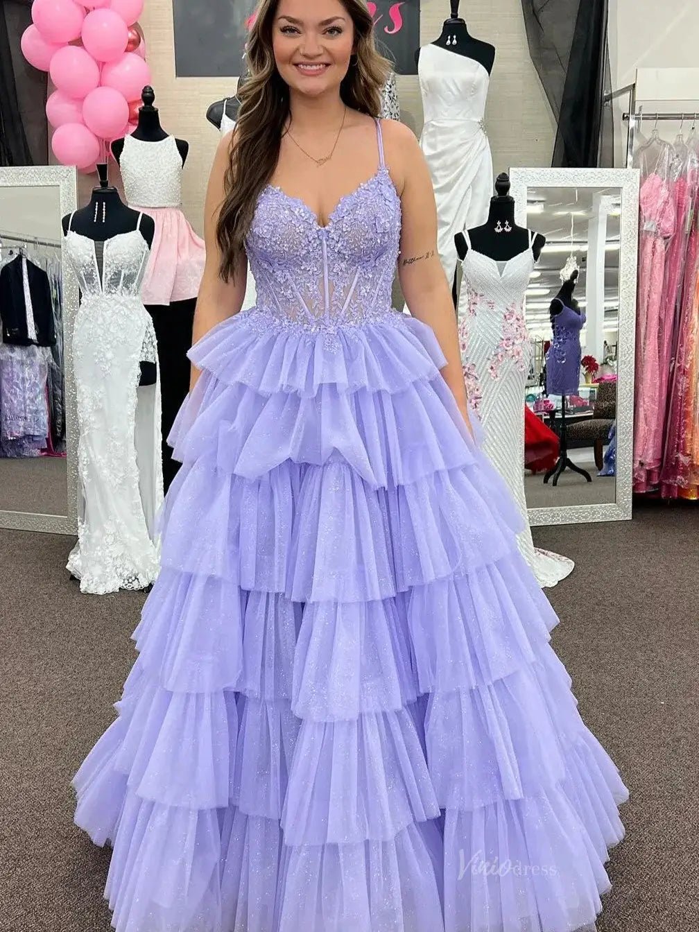 Tiered Ruffle Prom Dresses Lace Bodice Spaghetti Strap Formal Dresses FD4036-prom dresses 2025 -Viniodress-Lavender-Custom Size-