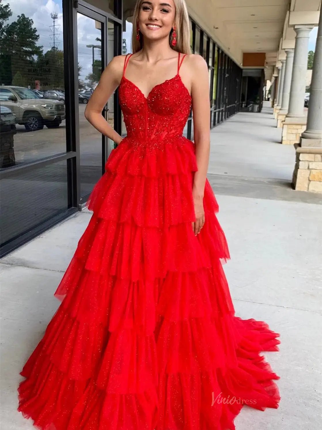 Tiered Ruffle Prom Dresses Lace Bodice Spaghetti Strap Formal Dresses FD4036-prom dresses 2025 -Viniodress-Red-Custom Size-