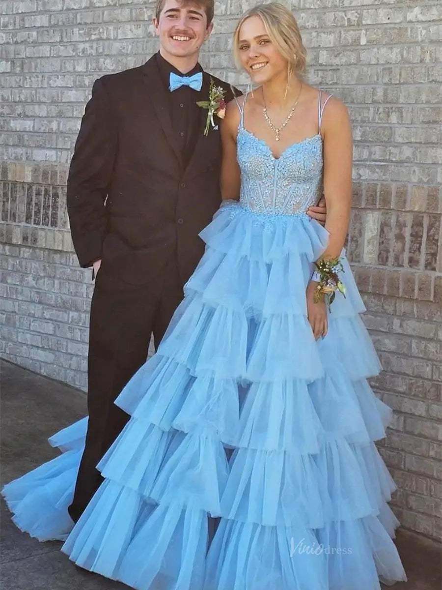 prom dresses 2025 Blue Tiered Spaghetti Strap Prom Dresses Beaded Lace Sheer Bodice FD4036-plus size wedding dresses Viniodress-Blue-Custom Size-