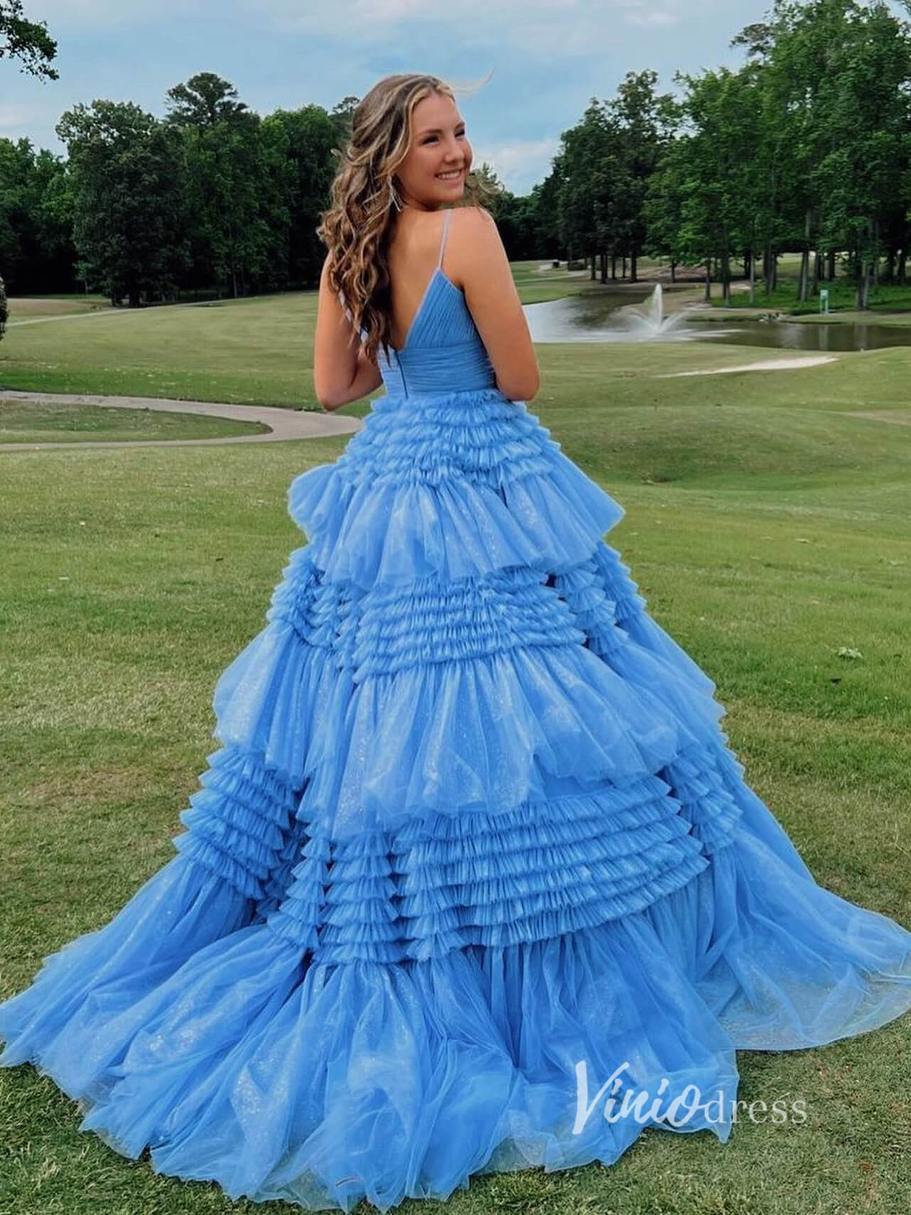 Tiered Ruffle Tulle Prom Dresses FD2993B no slit version Viniodress Tiered Ruffle Tulle Prom Dresses FD2993B no slit version Viniodress