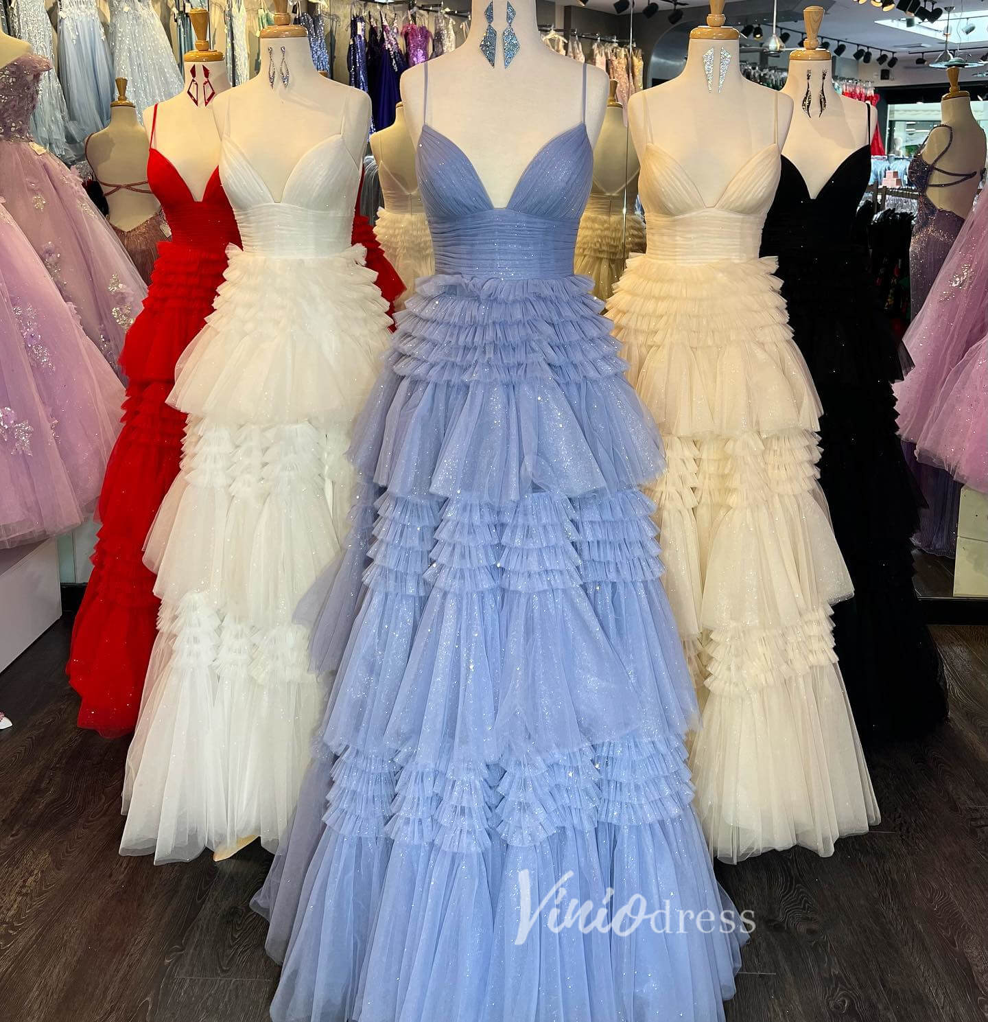 Prom Dress 2025 Tiered Ruffle Tulle Prom Dresses FD2993B no slit version-unique prom dresses-Champagne-Custom Size-Viniodress