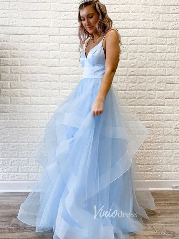 Prom Dress 2025 Cheap Tiered Tulle Prom Dresses Spaghetti Strap FD2942C-unique prom dresses-Light Blue-Custom Size-Viniodress