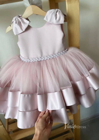 Tiered Tutu Dress Cute Flower Girl Dresses with Bows GL1121 Mid-length-flower girl dresses 2025 -Viniodress-Pink-Custom Size-