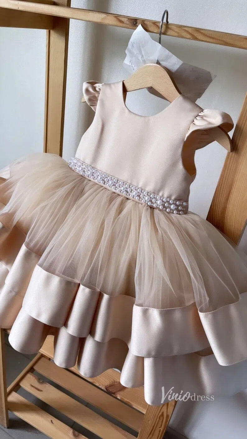 Tiered Tutu Dress Cute Flower Girl Dresses with Bows GL1121 Mid-length-flower girl dresses-Viniodress-Champagne-Custom Size-Viniodress