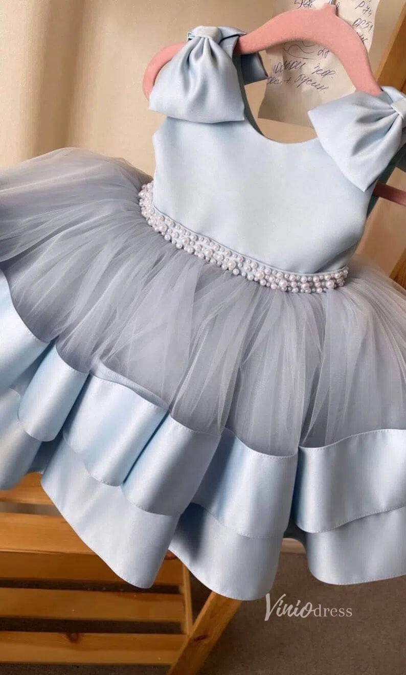 Tiered Tutu Dress Cute Flower Girl Dresses with Bows GL1121 Mid-length-flower girl dresses-Viniodress-Dusty Blue-Custom Size-Viniodress