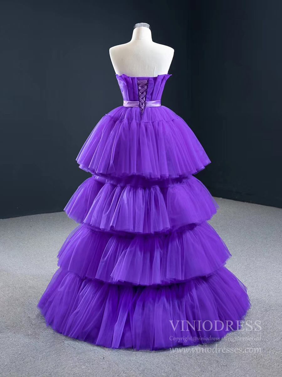 Prom Dress 2025 Tiered Violet Purple Prom Dresses Strapless Sweet 15 Dress FD2424-unique prom dresses-Purple-Custom Size-Viniodress