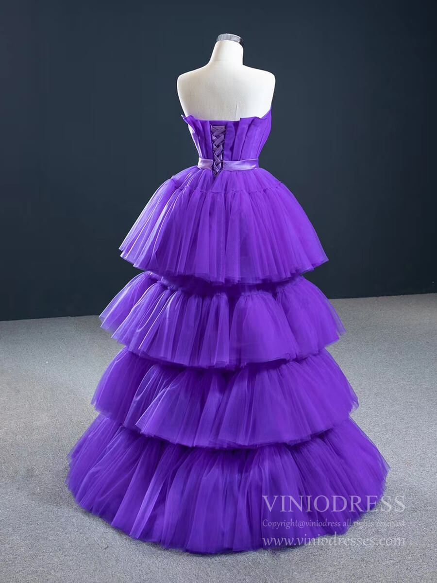 Prom Dress 2025 Tiered Violet Purple Prom Dresses Strapless Sweet 15 Dress FD2424-unique prom dresses-Purple-Custom Size-Viniodress