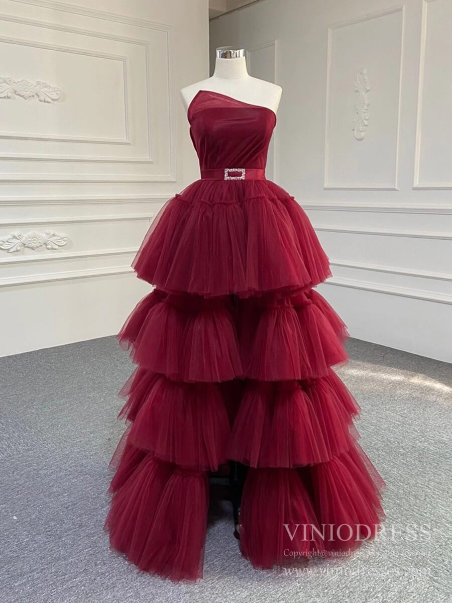 Prom Dress 2025 Tiered Violet Purple Prom Dresses Strapless Sweet 15 Dress FD2424-unique prom dresses-Dark Red-Custom Size-Viniodress