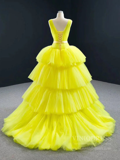 Tiered Yellow Sweet 15 Dress Simple Tulle Quinceanera Dresses 67154-prom dresses 2025 -Viniodress-Yellow-Custom Size-