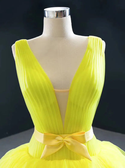 Tiered Yellow Sweet 15 Dress Simple Tulle Quinceanera Dresses 67154-prom dresses 2025 -Viniodress-Yellow-Custom Size-