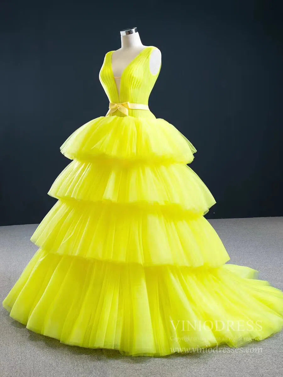 prom dresses 2025 Tiered Yellow Sweet 15 Dress Simple Tulle Quinceanera Dresses 67154-plus size wedding dresses Viniodress-Yellow-Custom Size-