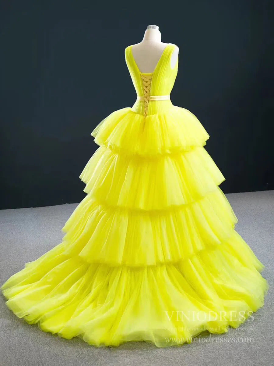 prom dresses 2025 Tiered Yellow Sweet 15 Dress Simple Tulle Quinceanera Dresses 67154-plus size wedding dresses Viniodress-Yellow-Custom Size-