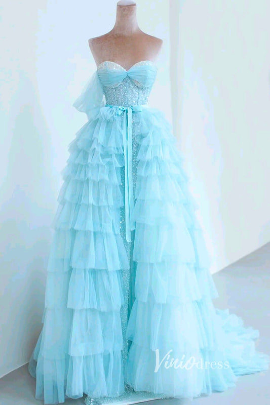 Tiffany Blue Beaded Prom Dresses Removable Ruffled Skirt Formal Gown FD3431-prom dresses 2025 -Viniodress-Light Blue-Custom Size-