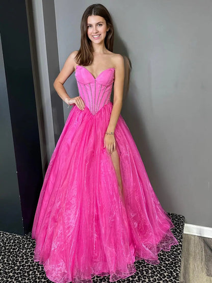 Tiffany Blue Organza Prom Dress with Slit, Sweetheart Neckline & Boned Bodice – Style FD6059-prom dresses 2025 -Viniodress-Pink-Custom Size-