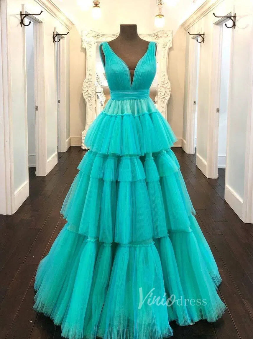 Tiffany Blue Prom Dress Layered Tule Formal Evening Gown FD1648-prom dresses 2025 -Viniodress-Turquoise-Custom Size-
