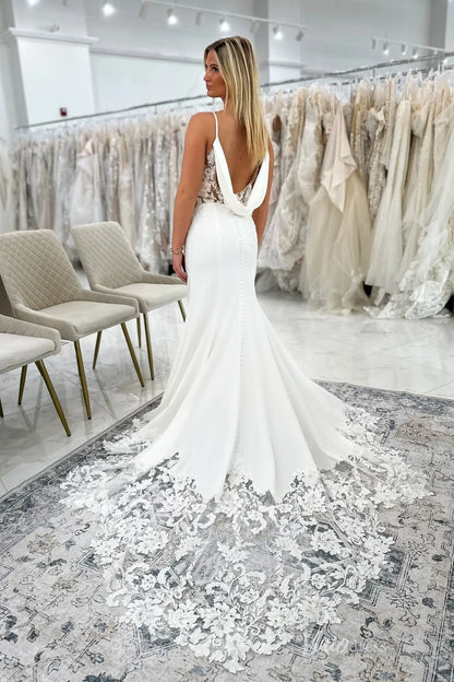 Timeless Ivory Crepe Wedding Dress with Deep V Neck, Lace Bodice, Cowl Low Back & Chapel Lace Train – SL012