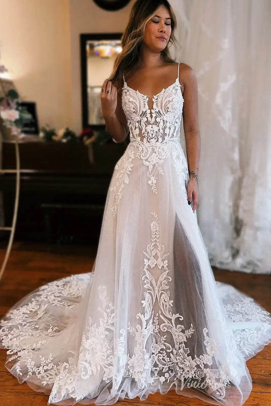 Timeless Ivory Floral Lace A-Line Wedding Dress with Sheer Bodice, Spaghetti Straps & High Slit Skirt – LA151