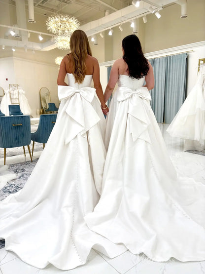 Timeless Satin Ball Gown Wedding Dress with Strapless Neckline, High Slit & Oversized Back Bow – MS131-wedding dresses 2026-Viniodress-Ivory-Custom Size-