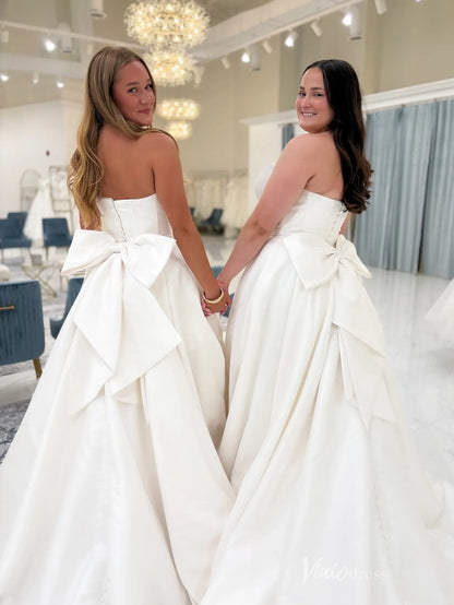 Timeless Satin Ball Gown Wedding Dress with Strapless Neckline, High Slit & Oversized Back Bow – MS131-wedding dresses 2026-Viniodress-Ivory-Custom Size-
