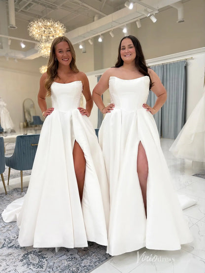 Timeless Satin Ball Gown Wedding Dress with Strapless Neckline, High Slit & Oversized Back Bow – MS131