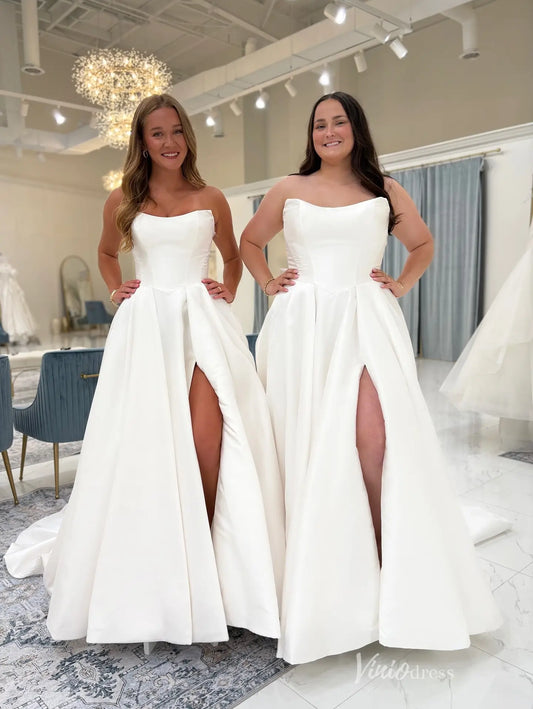 Timeless Satin Ball Gown Wedding Dress with Strapless Neckline, High Slit & Oversized Back Bow – MS131