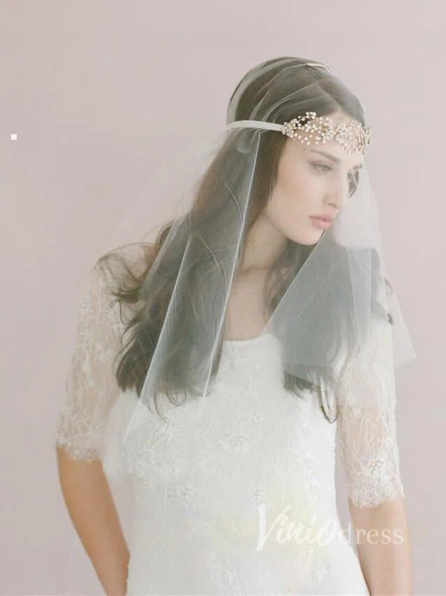 Traditional Drop Veil Blusher Wedding Veil with Crystal Headpiece ACC1055-Bridal Veil 2025 -Viniodress-Ivory-