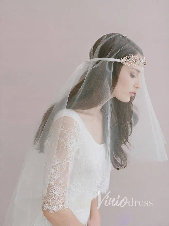 Traditional Drop Veil Blusher Wedding Veil with Crystal Headpiece ACC1055-Bridal Veil 2025 -Viniodress-Ivory-