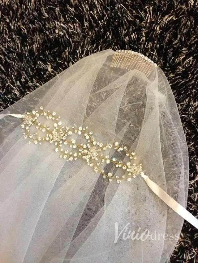 Traditional Drop Veil Blusher Wedding Veil with Crystal Headpiece ACC1055-Bridal Veil 2025 -Viniodress-Ivory-